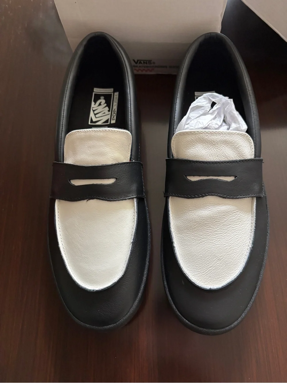 Vans Black and White Leather Penny Loafers